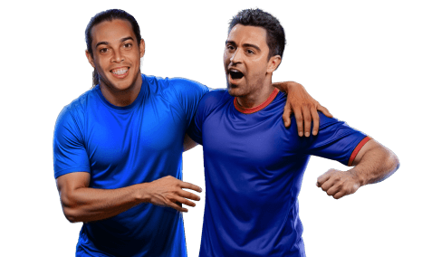 Jugadores de fútbol celebrando un gol, representando la emoción del bono de bienvenida en Boomerang Bet