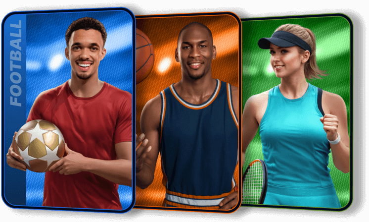 Atletas de fútbol, baloncesto y tenis representando la variedad de mercados en Boomerang Bet