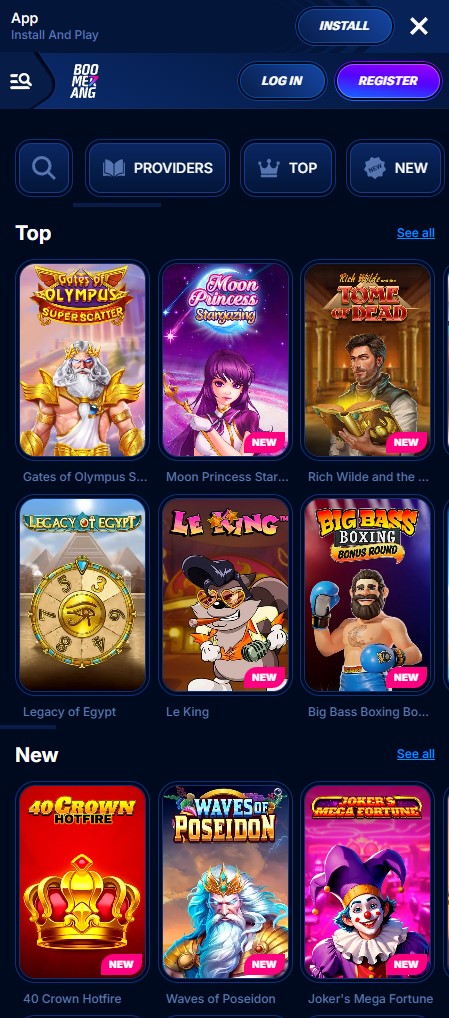 Interfaz de casino móvil de Boomerang mostrando juegos de tragamonedas